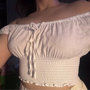 Off-Shoulder Cream Smocked Crop Top